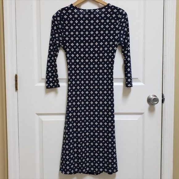 LAUREN RALPH LAUREN S Navy White Jersey Knit Ruched Faux Wrap Dress - Picture 2 of 7